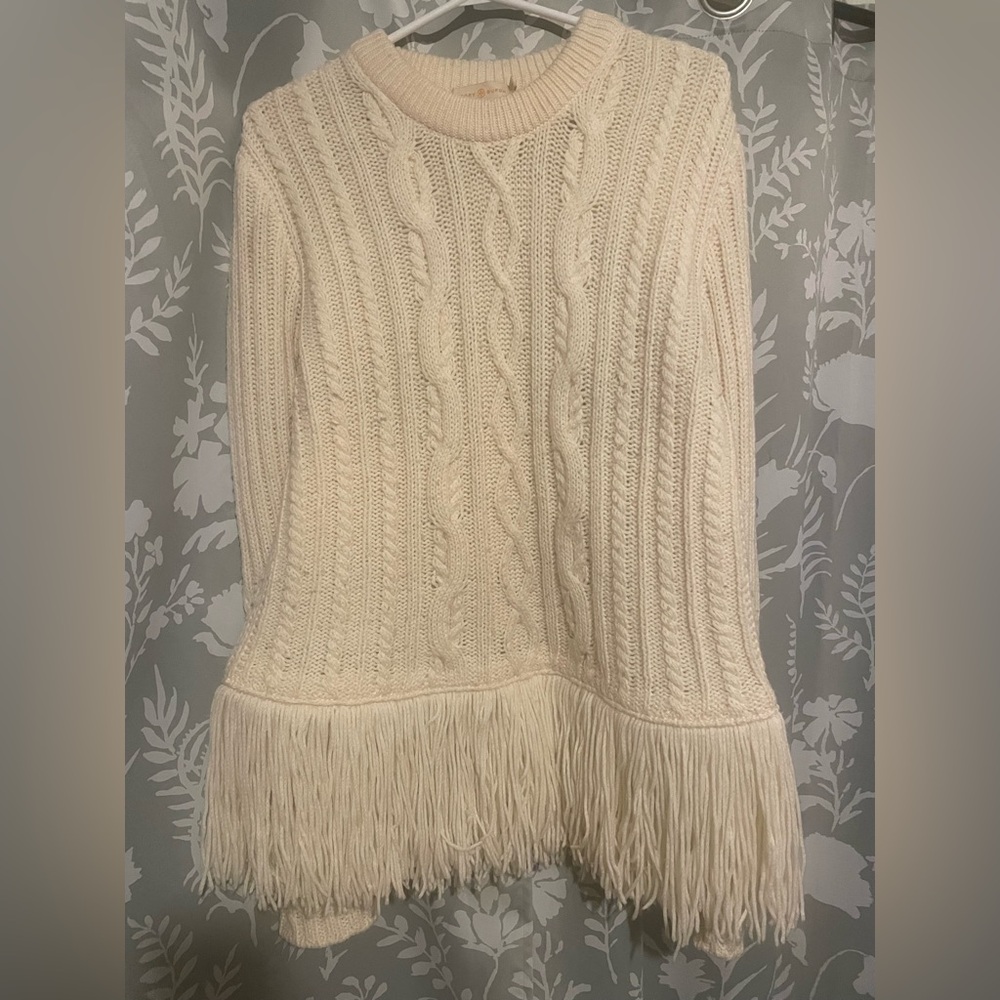 Tory Burch Ivory Cable Knit Sweater with Fringe